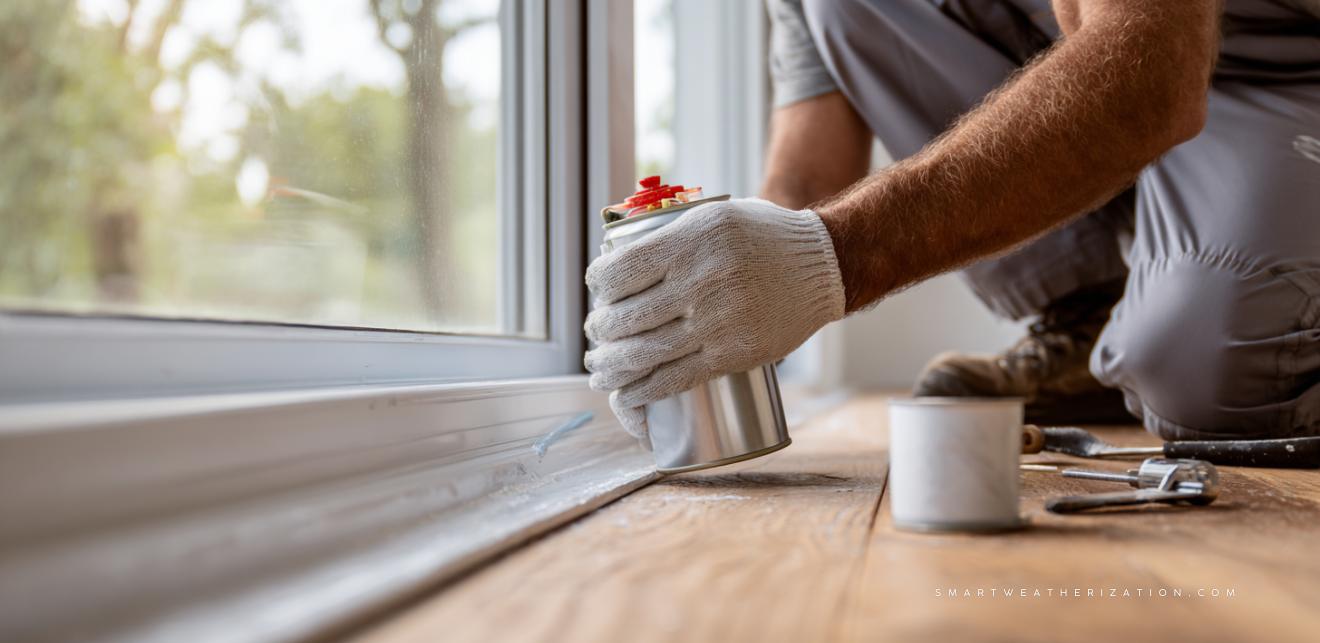 Homeowner sealing a window while technician conducts energy audit with blower door