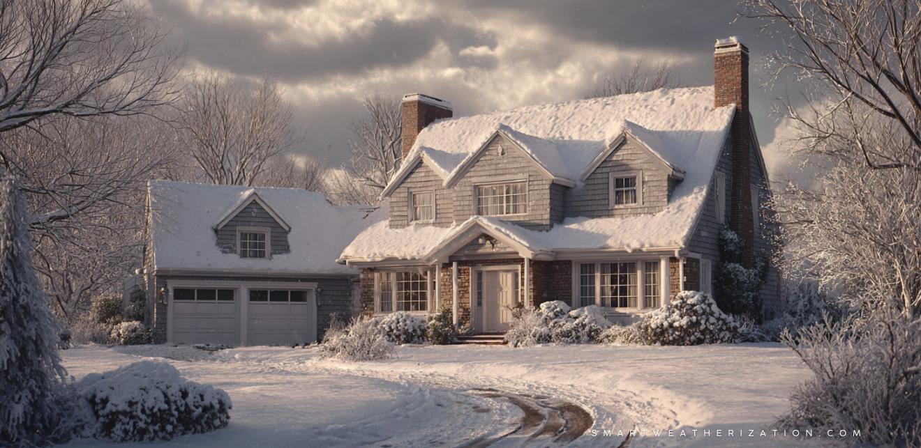 Technician sealing attic and windows of snow-covered home to prevent heat loss