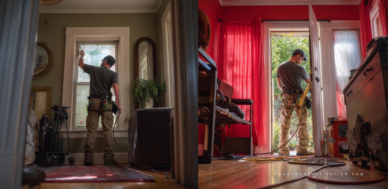 Homeowner sealing a window while technician conducts energy audit with blower door