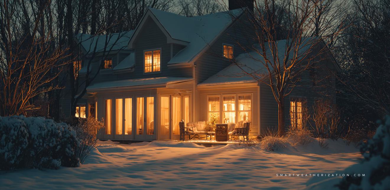 Insulated home glowing with warmth during a snowy winter evening