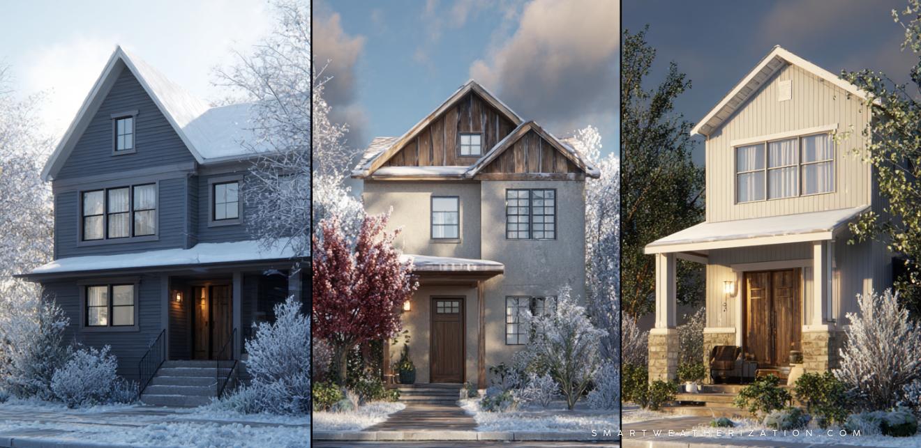Three homes in different climates showcasing customized weatherization upgrades