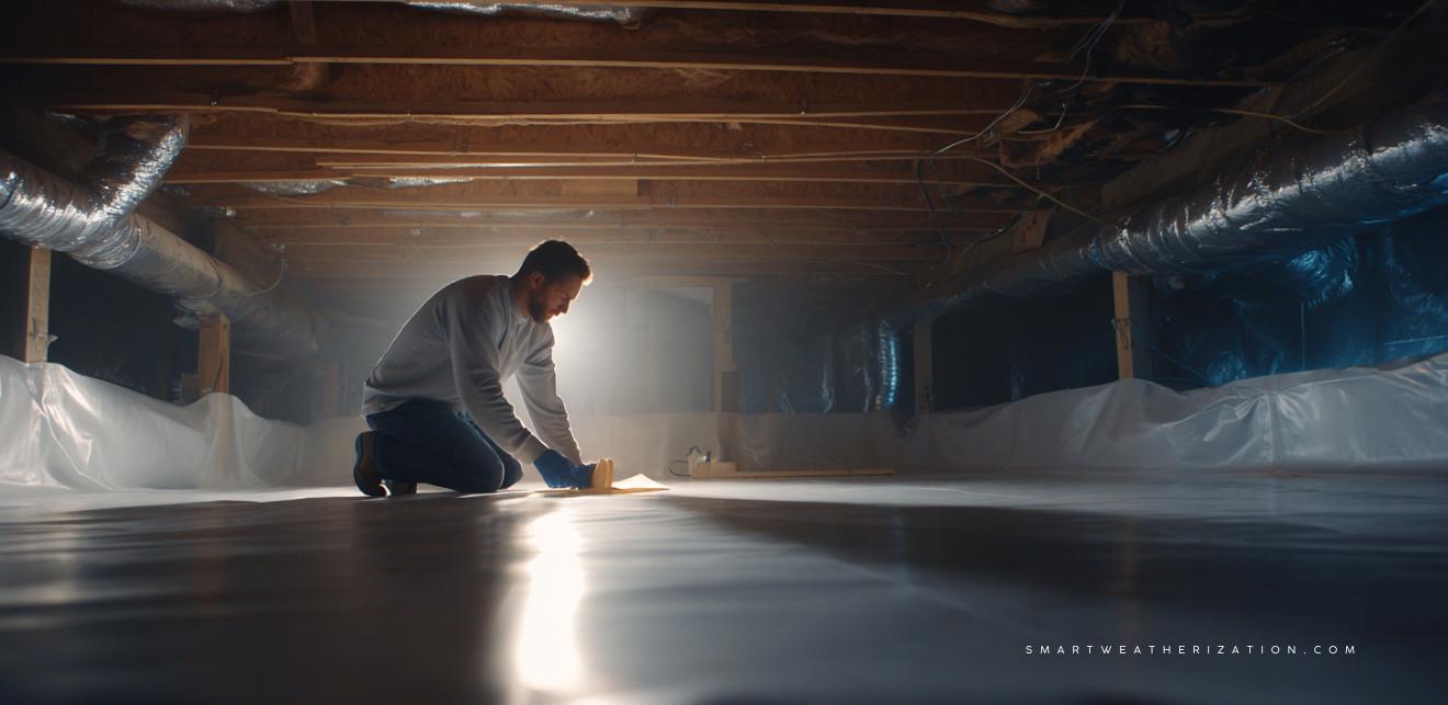 Contractor applying vapor barrier and insulation in crawl space for weatherization