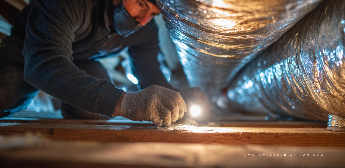 Technician placing fiberglass insulation in attic for weatherization
