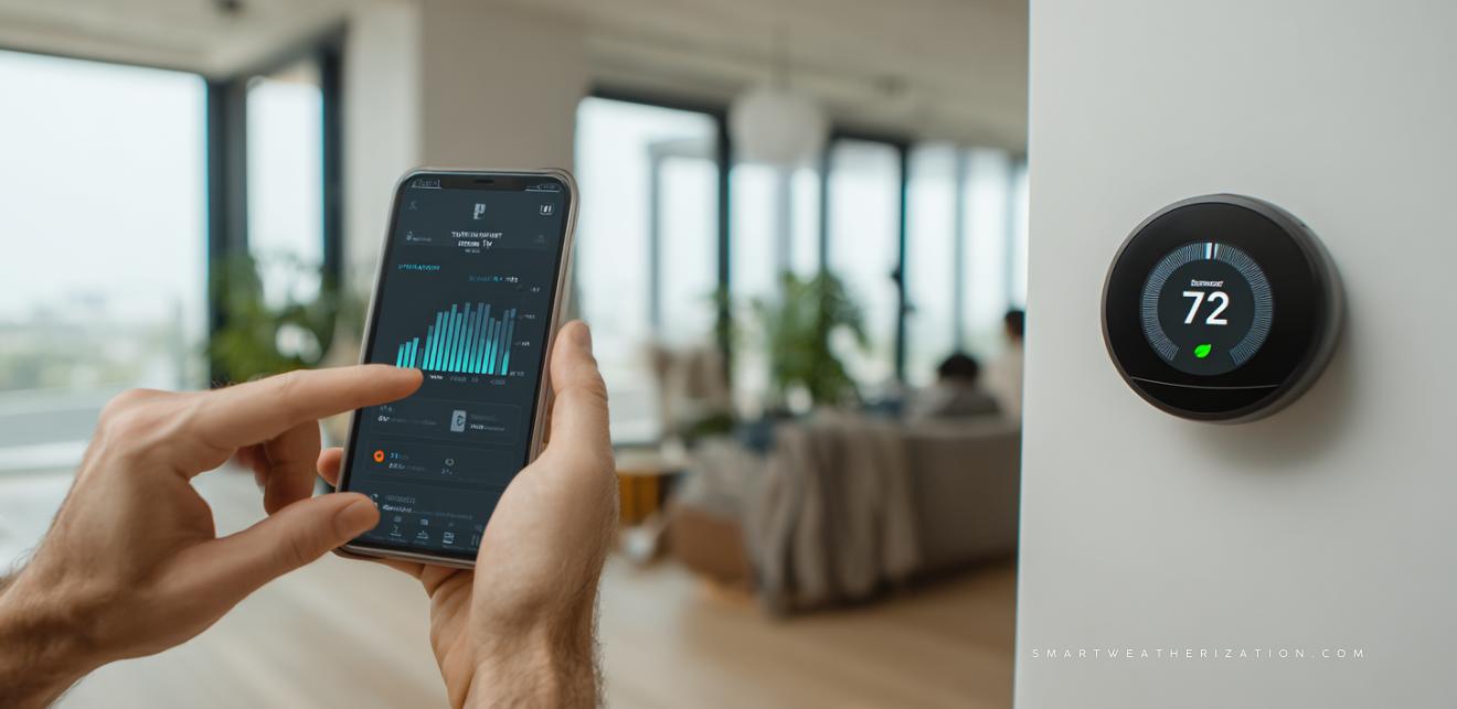 Person using a smart thermostat and app to manage home energy efficiency