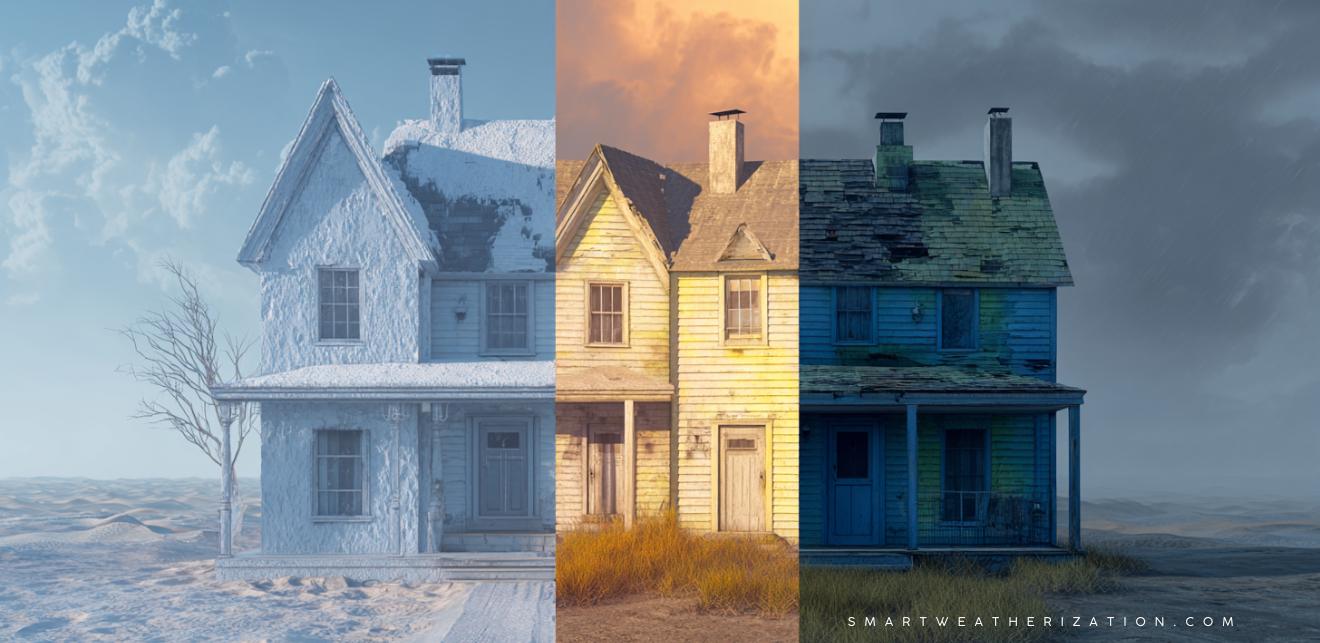 Illustration of four climate zones impacting home weatherization with snow, sun, humidity, and rain