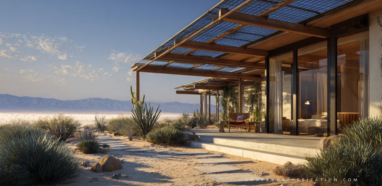 Technician applying window film and inspecting reflective roofing on a desert home