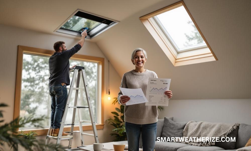 Homeowner in Bellingham reviewing energy savings after attic and crawlspace insulation upgrade with contractor nearby