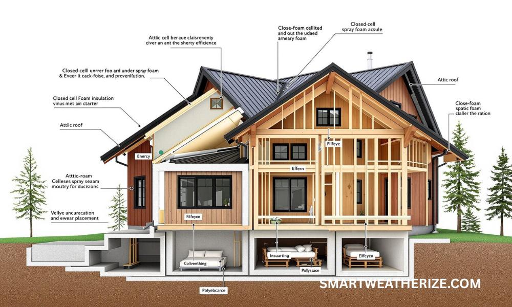 Cutaway diagram of a Pacific Northwest home showing spray foam, cellulose, fiberglass, and rigid foam insulation layers