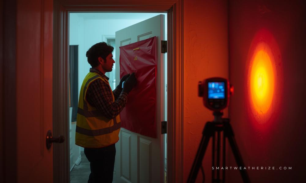 Home energy auditor using smoke pencil near a window to detect air leaks