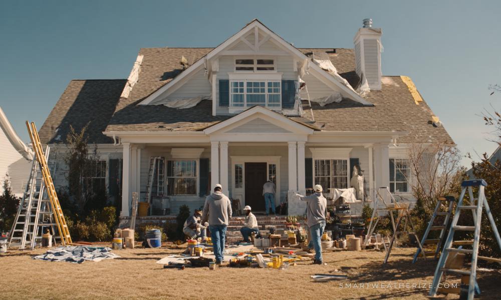 Technicians sealing windows, insulating attic, and tuning HVAC system during weatherization of a suburban home