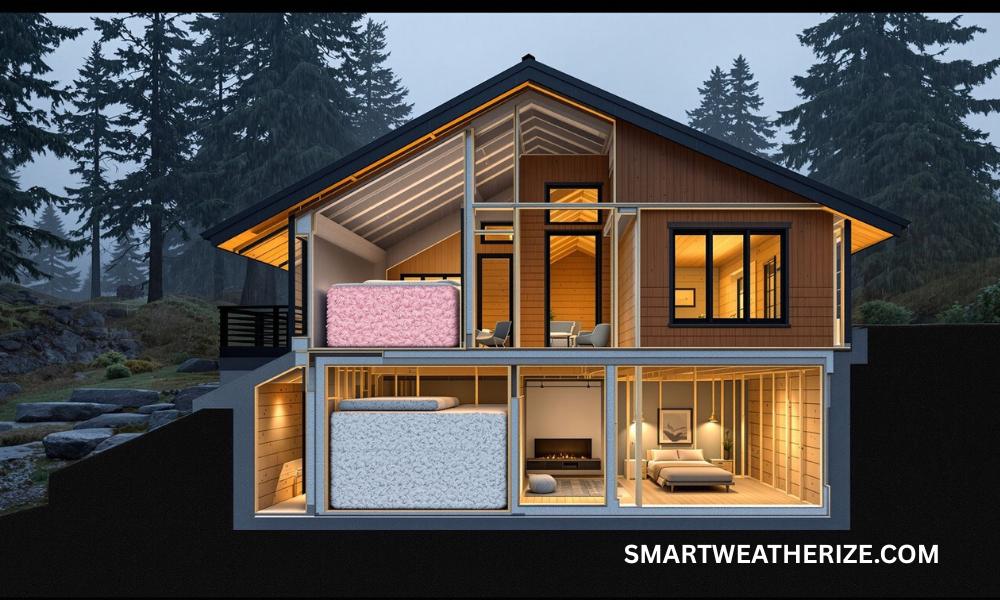 Cutaway view of a Pacific Northwest home showing blown-in insulation in attic and fiberglass batts in basement walls for maximum efficiency