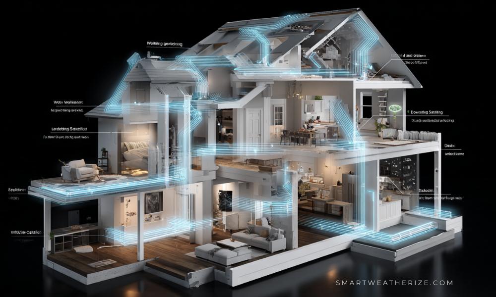 Cutaway diagram of a home showing labeled weatherization upgrades like insulation, air sealing, and HVAC improvements