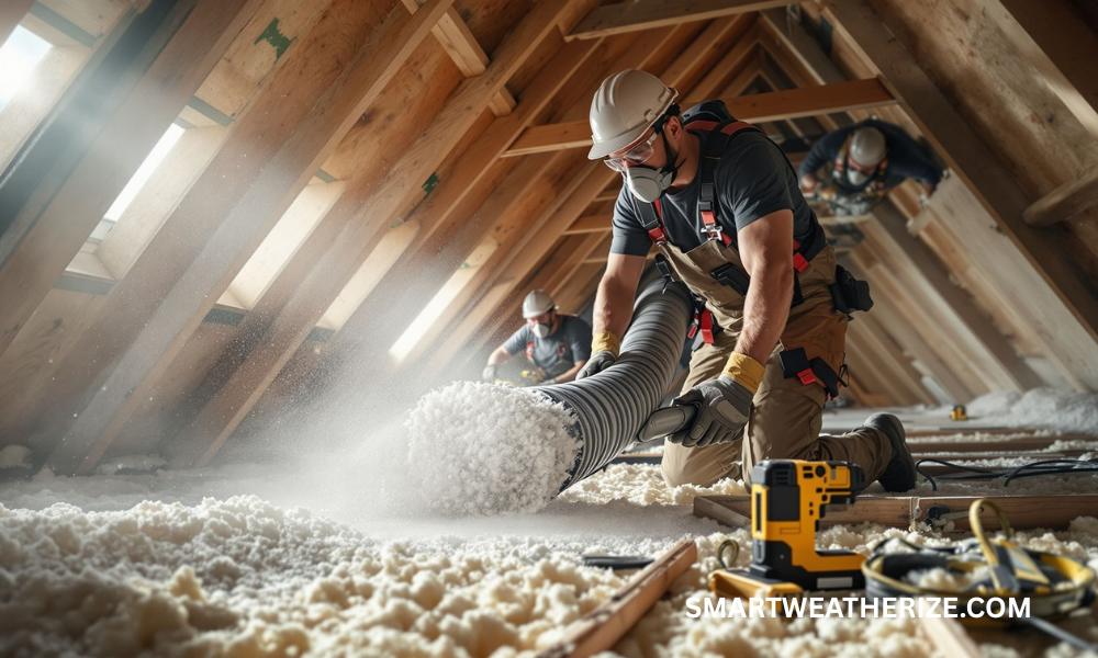 Contractors installing blown-in cellulose insulation in attic and batt insulation in wall cavities during home upgrade