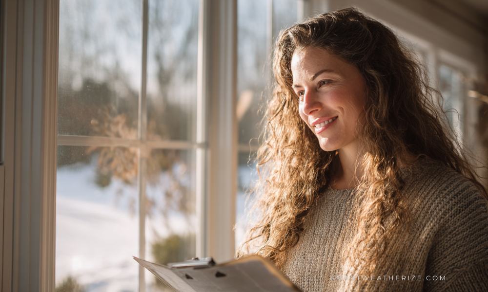 Homeowner in Massachusetts enjoying a warm interior with new ENERGY STAR® windows while snow falls outside