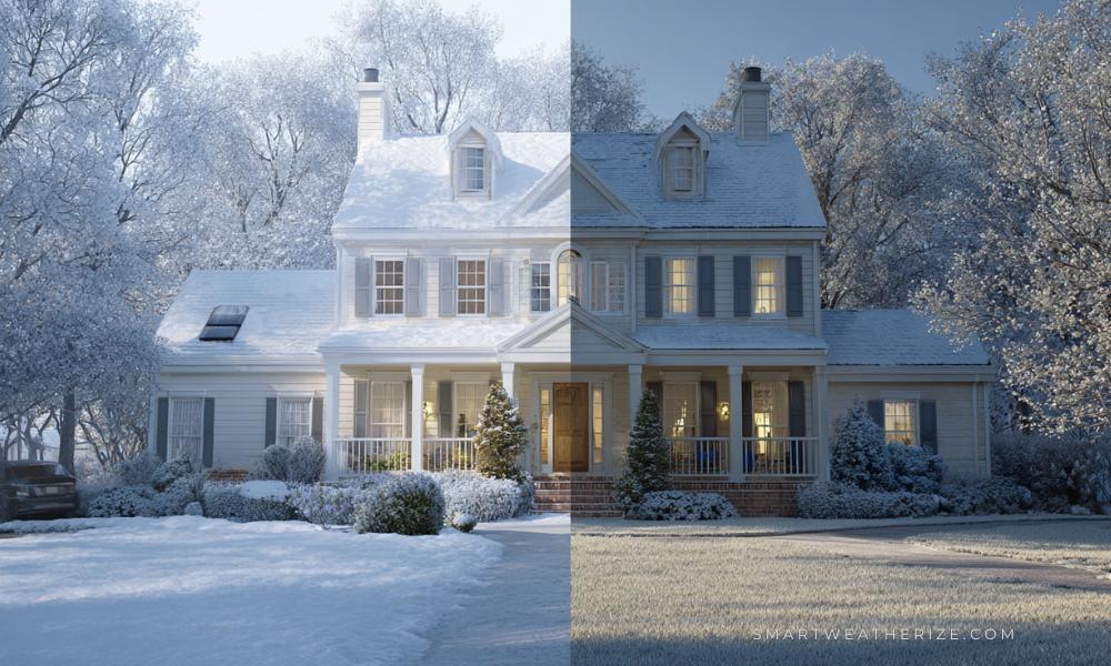 Split view of a house retaining heat in winter and staying cool in summer due to weatherization upgrades