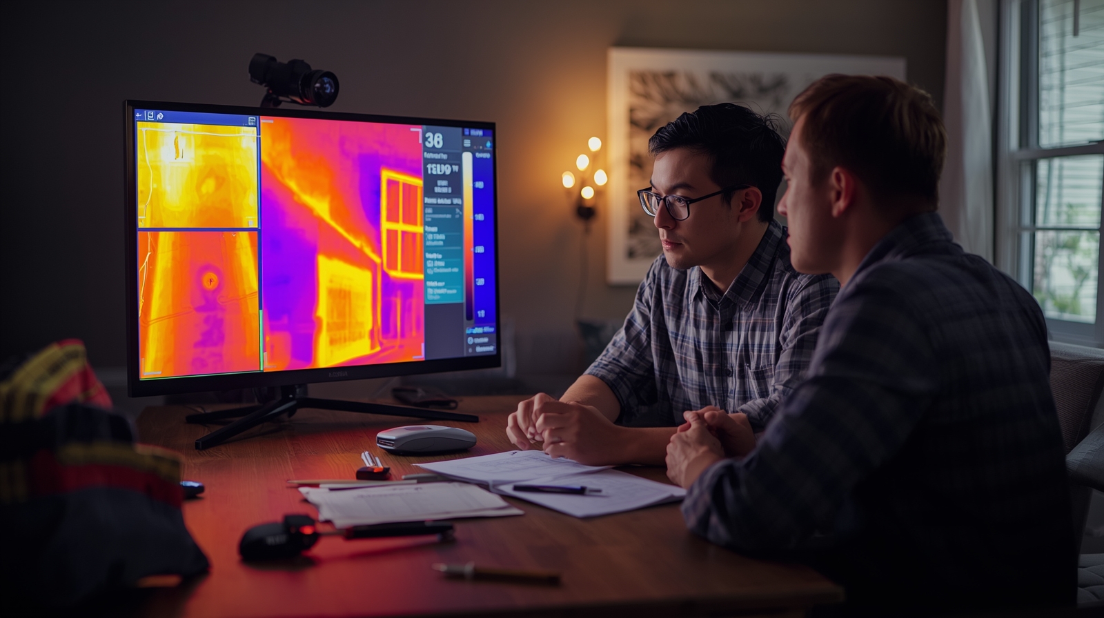 Homeowner and technician analyzing infrared images of air leaks after blower door test