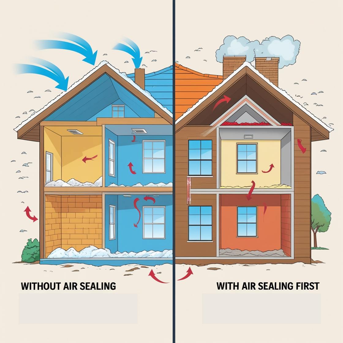 A split-scene educational illustration showing two home cross-sections side by side. On the left, a house with insulation installed but visible air leaks around windows, attic, and basement — cold air visibly flowing in with arrows