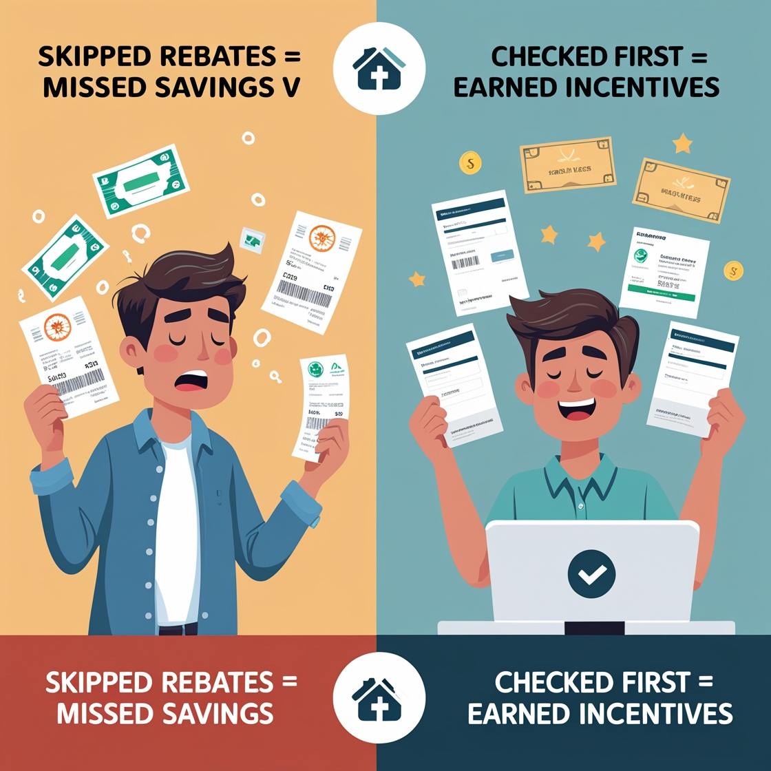 A two-part educational illustration showing a homeowner missing out on energy rebates vs one who takes advantage.