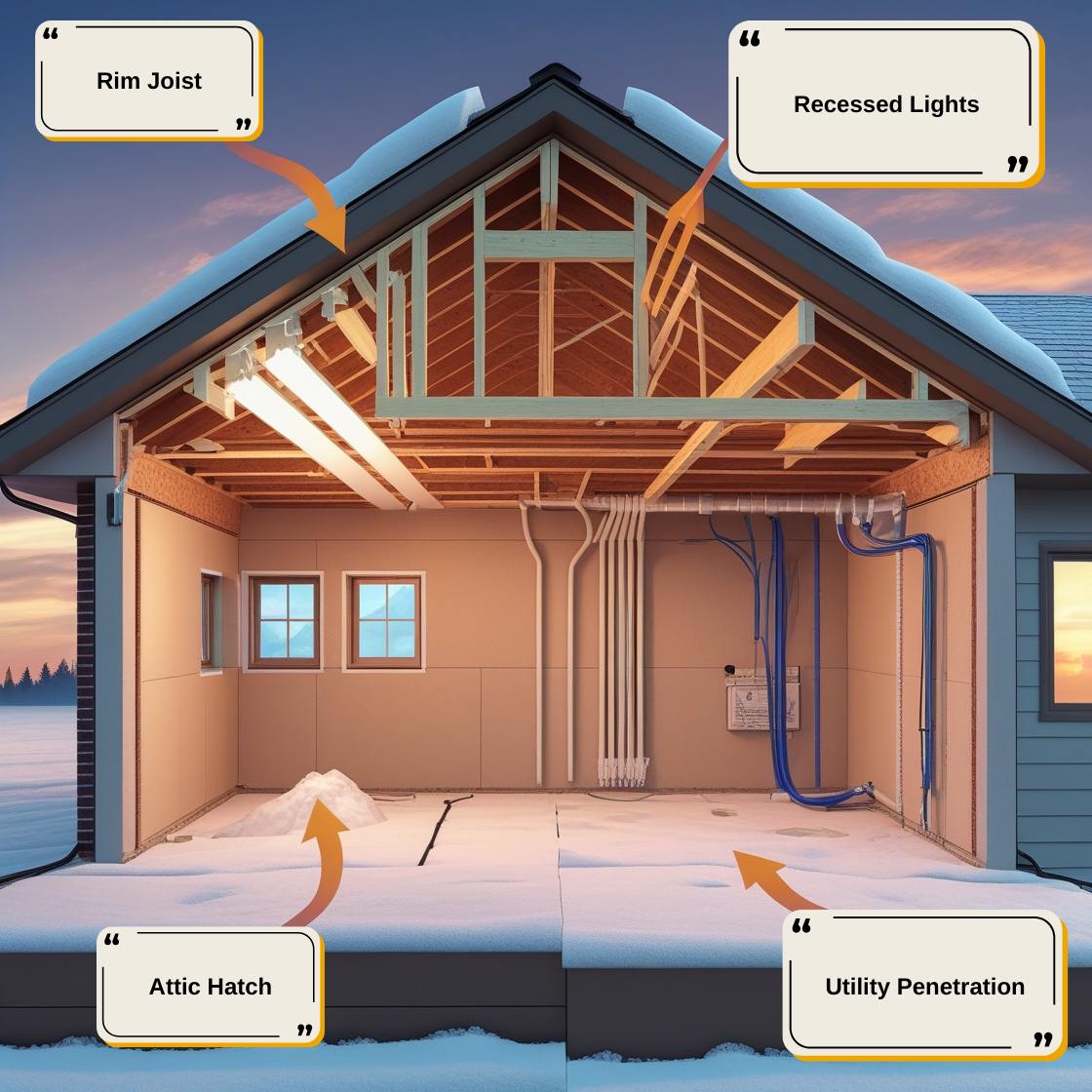 A detailed educational cross-section of a home highlighting attic and basement areas. On the left, common air leaks are exposed and unsealed: cold air enters through rim joists, attic hatch gaps, recessed lighting, and chase ways with pipes and wires.