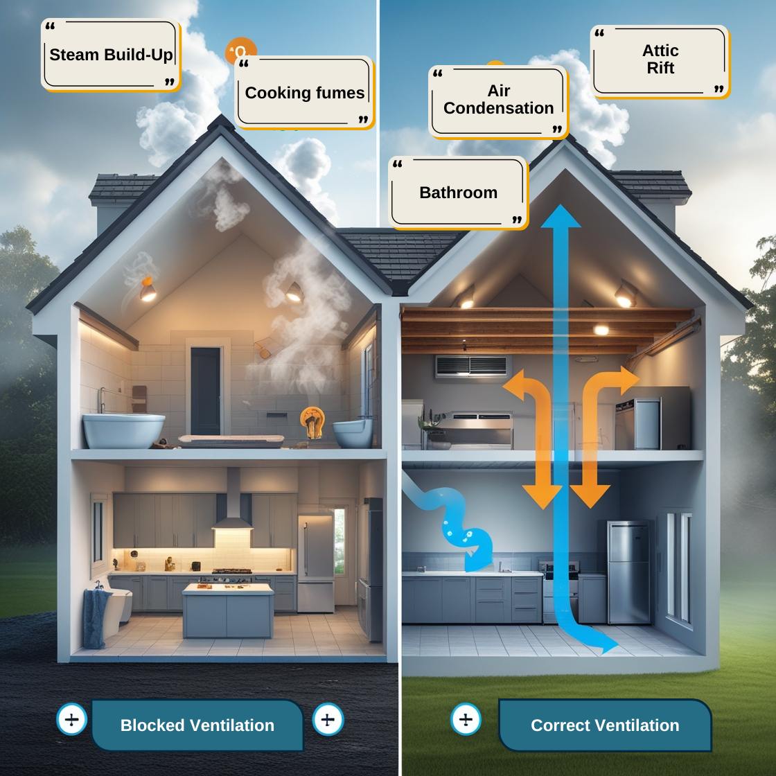 An educational split-scene home cutaway showing the dangers of blocking necessary ventilation. On the left, a house that’s been over-sealed—steam builds up in the bathroom, cooking fumes linger in the kitchen, condensation and mold form in the attic