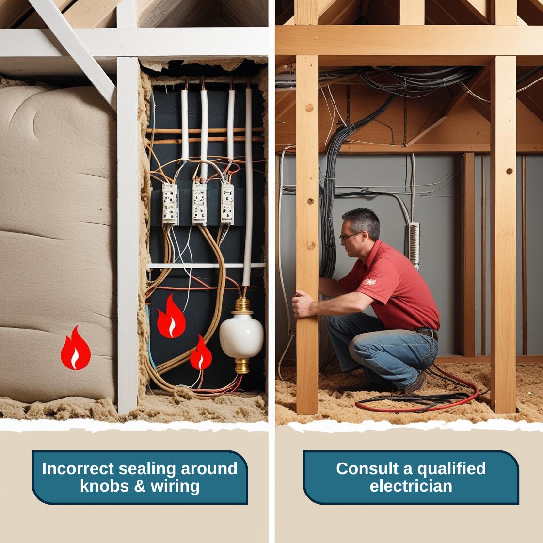 A safety-focused educational illustration showing the risk of sealing around knob-and-tube wiring. On the left, a cutaway of an old home’s attic where insulation has been packed tightly around exposed knob-and-tube wiring.