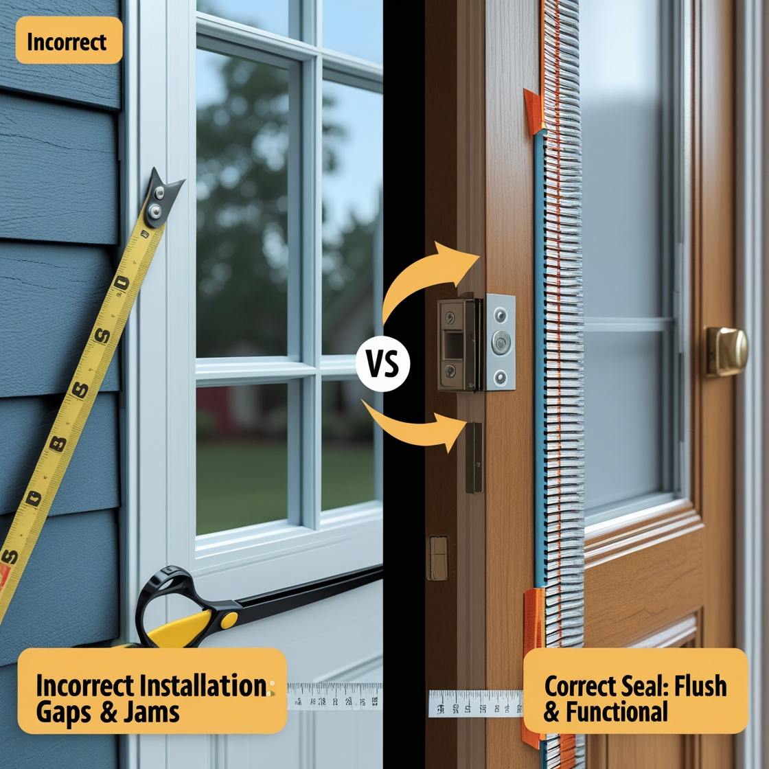A side-by-side educational diagram showing incorrect vs correct weather stripping installation on a door and window.