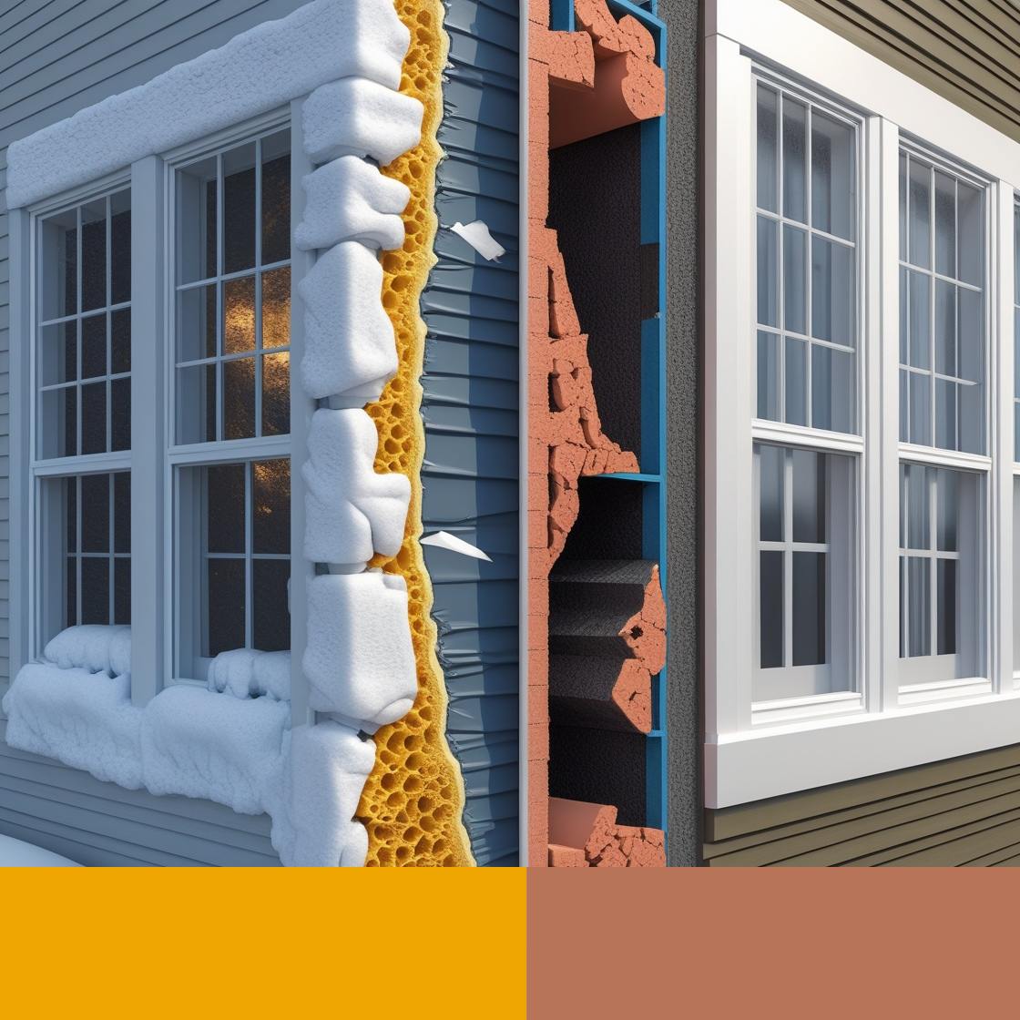 An educational side-by-side seasonal comparison of home materials affected by temperature. On the left, a house in winter with cracked caulk, shrunken foam, and broken seals around windows and siding—cold air entering visibly.