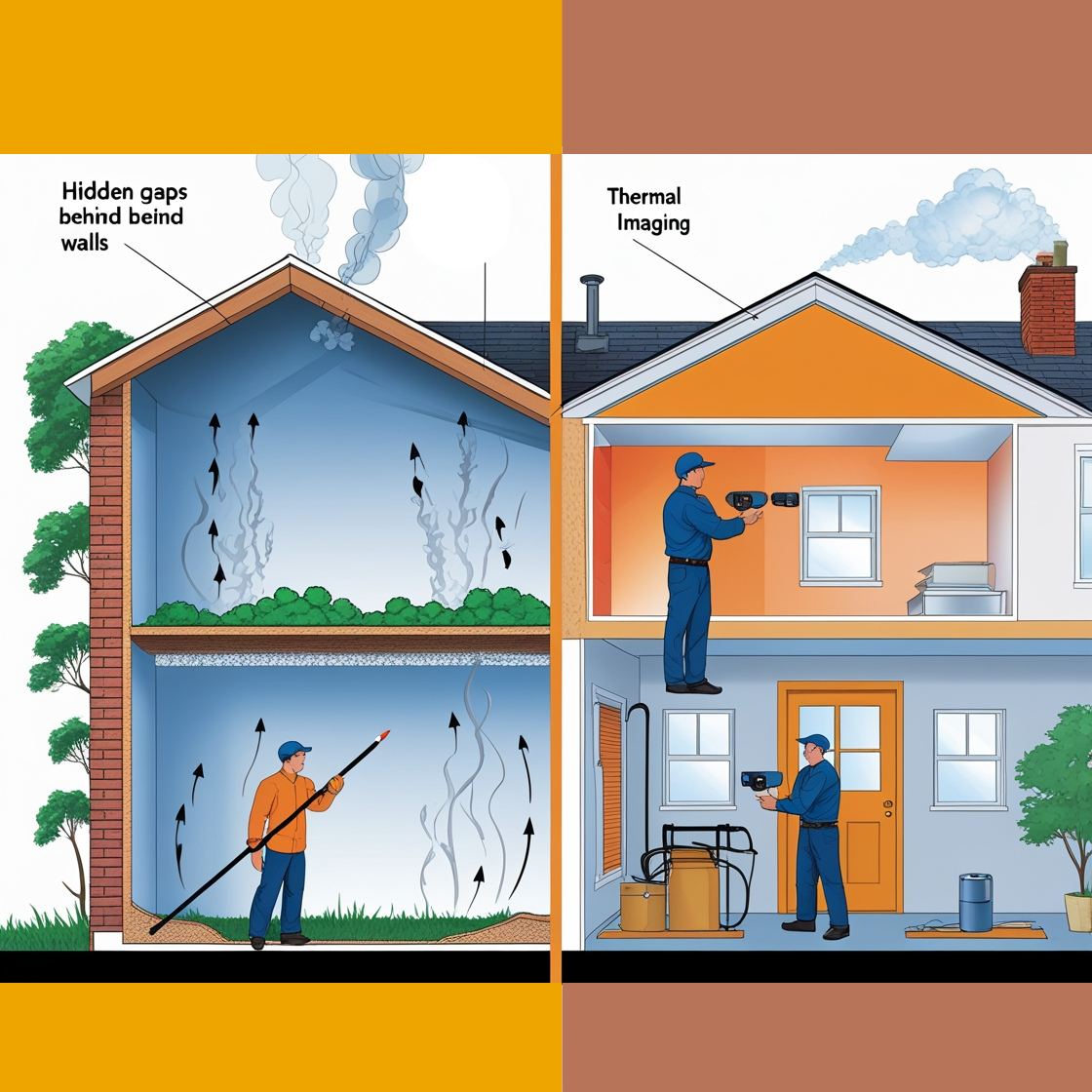 An instructional home energy audit illustration split into two panels. On the left, a DIY weatherization job without a final inspection.