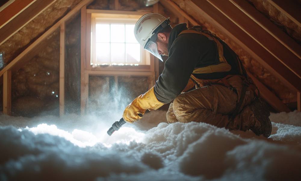 Contractor applying blown-in insulation in attic as part of home energy audit improvements.