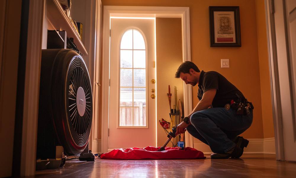 Contractor applying blown-in insulation in attic as part of home energy audit improvements.