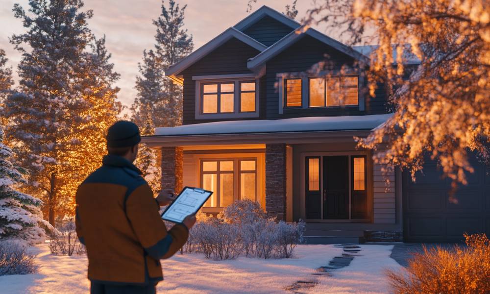 Energy professional setting up a blower door test in a home to detect air leaks during an energy efficiency audit.