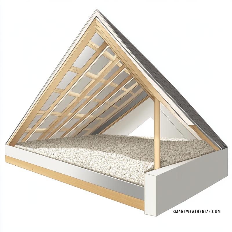 Unlabeled diagram showing loose-fill cellulose insulation blown across attic floor and into wall cavities.