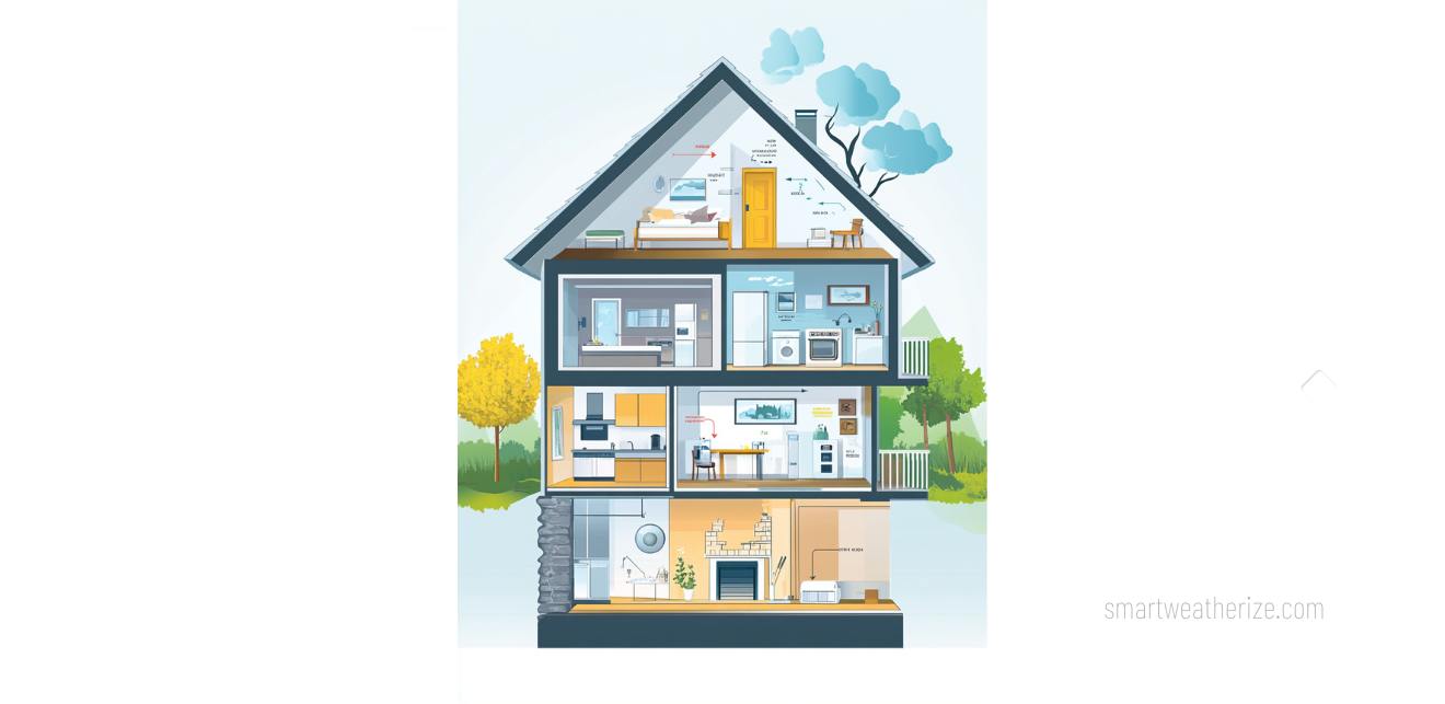 Infographic highlighting typical areas where air leaks occur in a residential building, such as windows, doors, and the attic.