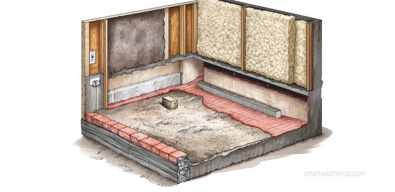 Cross-section diagram of a wall showing insulation types, air sealing around an electrical outlet, and a vapor barrier.