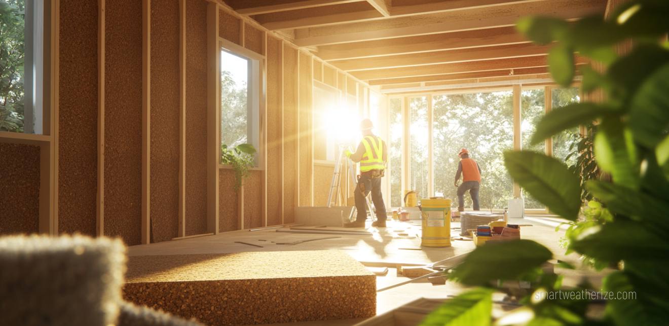 Workers installing cork board and hemp insulation in a sustainable home renovation project.