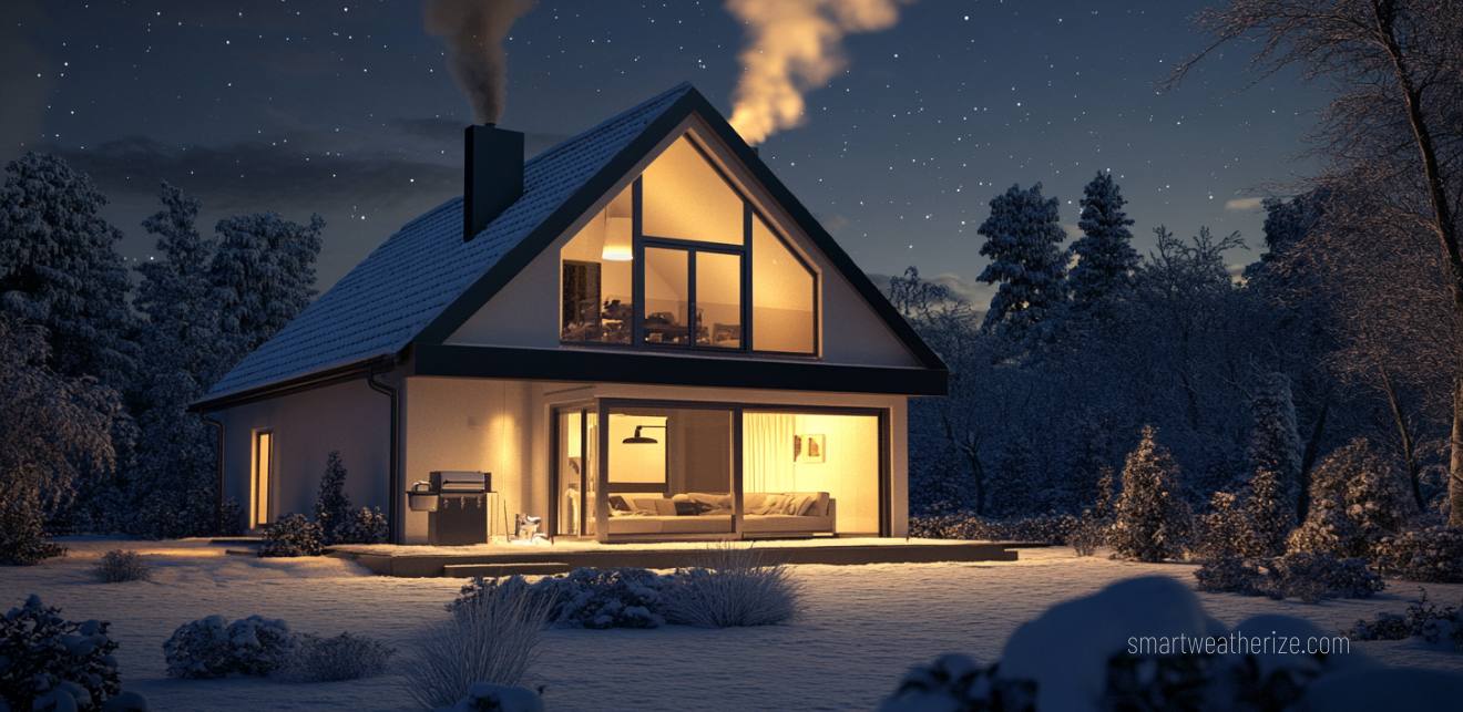Modern insulated home glowing warmly on a snowy winter night, representing thermal efficiency.