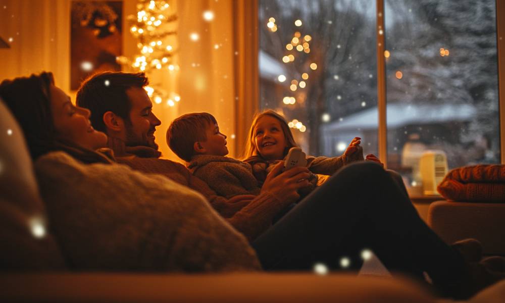 Happy family relaxing in a warm, well-insulated living room after implementing energy audit recommendations.