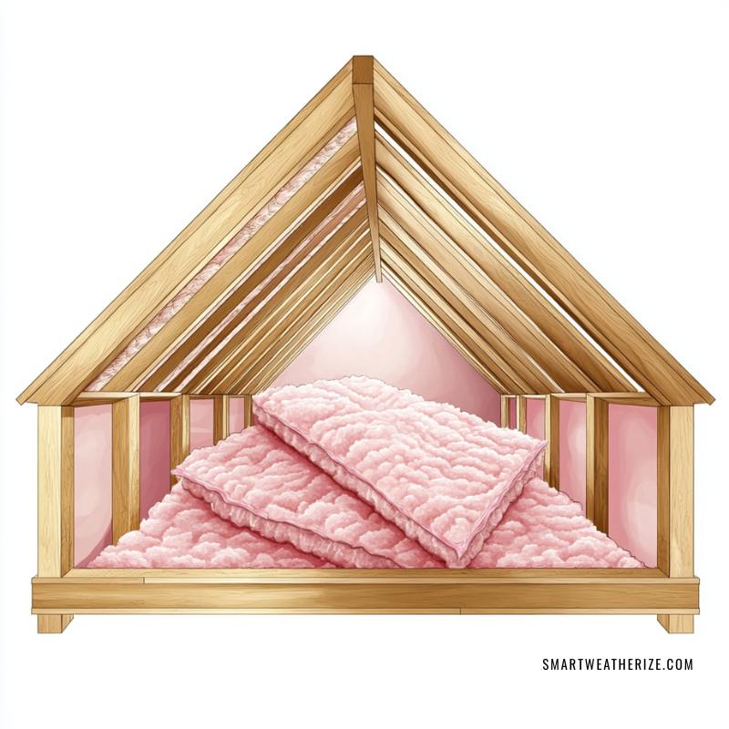 Diagram showing fiberglass insulation batts installed between joists in attic and wall sections, unlabeled.