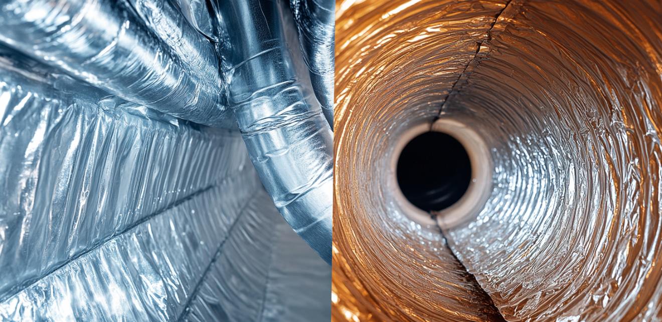A comparison image showing an inefficient, leaky HVAC duct system versus a well-sealed and insulated efficient system.