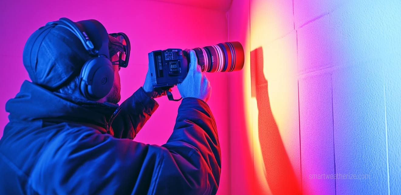 An energy auditor using an infrared camera to identify heat loss in a home's wall.