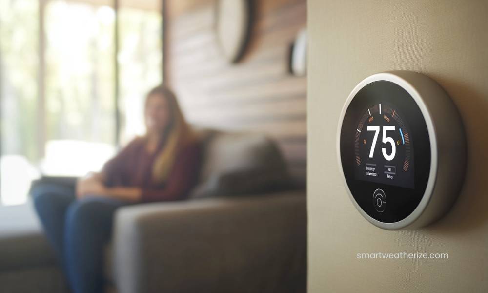 Person using a smart thermostat in an energy-efficient home to manage heating and cooling costs.