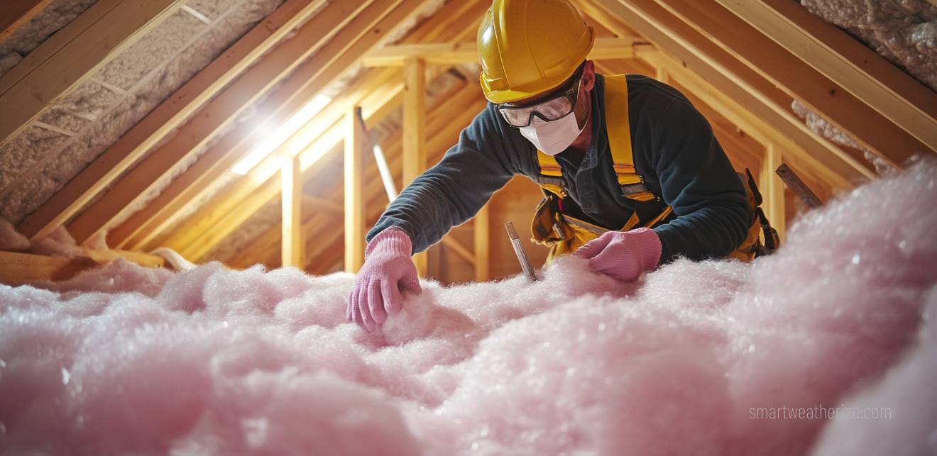 Worker installing fiberglass insulation in an attic with mineral wool shown on adjacent wall.