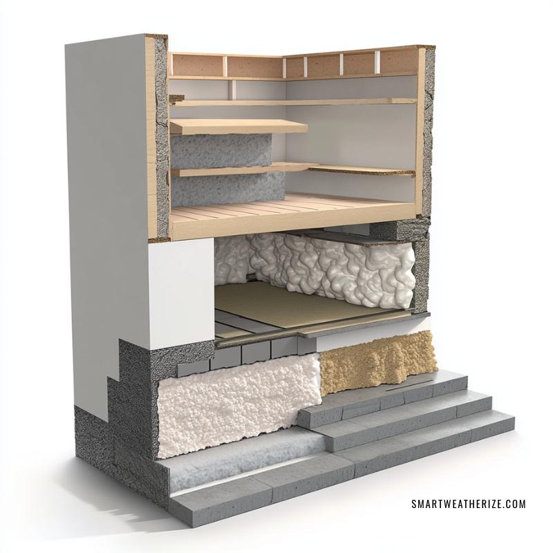 Unlabeled sectional diagram of mineral wool insulation installed in wall and basement sections of a house.
