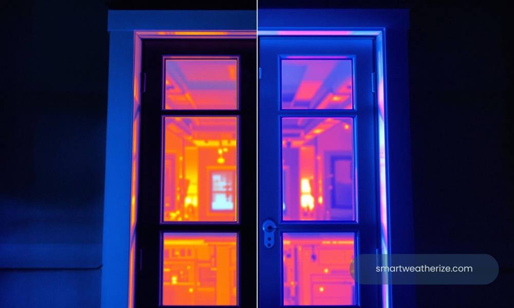 Infrared split image of a door or window showing heat loss before and effective sealing after weather stripping.