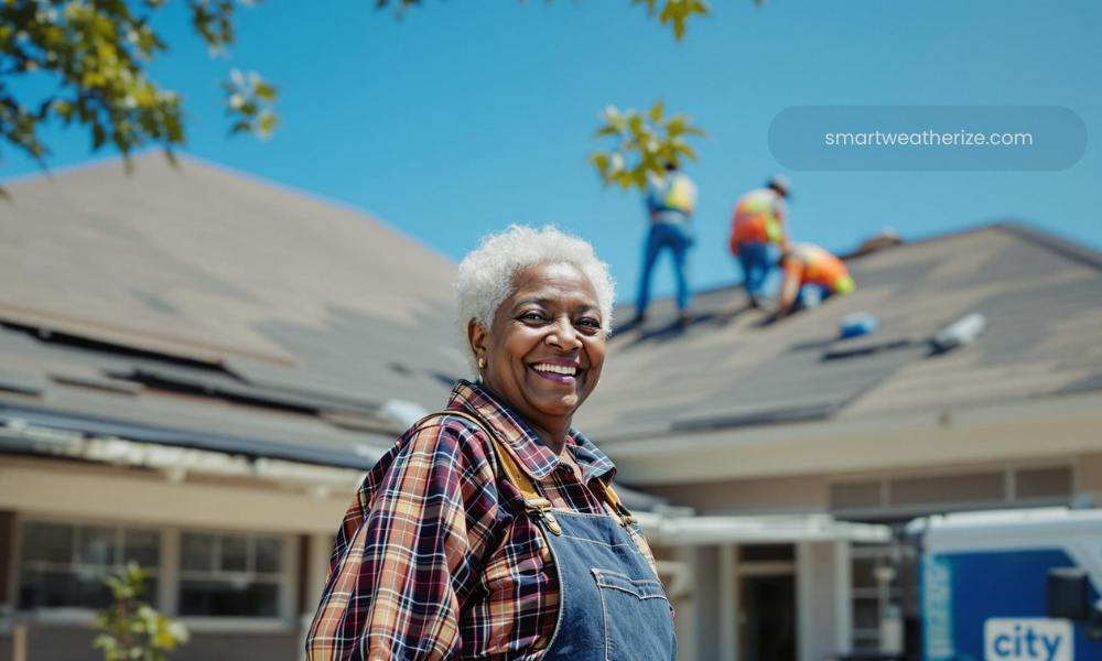 Elderly Houston woman watching as workers repair her roof with new shingles through the city’s free home repair initiative.