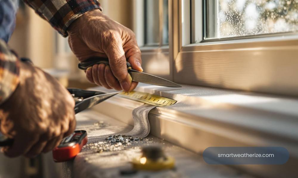 Hands measuring and applying foam weather stripping to a window frame.