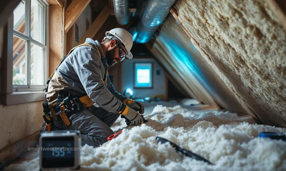 A contractor installing new insulation in a Houston attic as part of a weatherization and energy efficiency program.