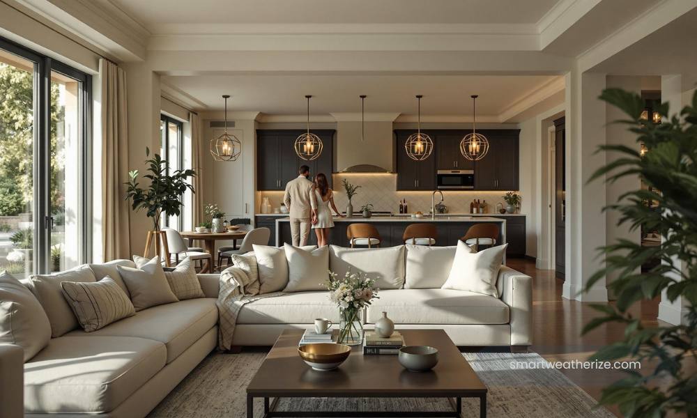 Elegant living room with weather stripping to regulate temperature