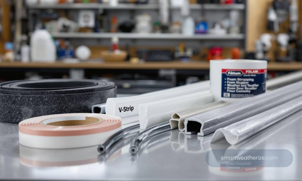 Foam tape, V-strip, rubber seal, and door sweep displayed on a workbench.