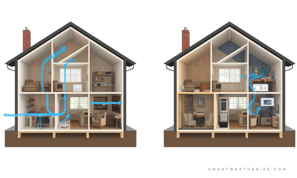 Basement before and after air sealing showing sealed rim joists and reduced moisture